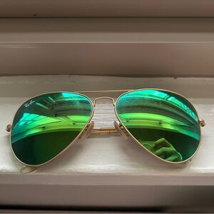 Ray-Ban Gold Frame Sunglasses with Reflective Green Lenses